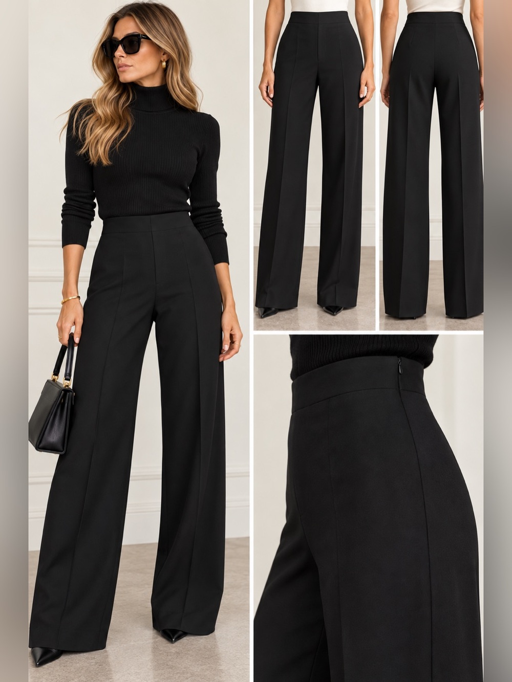 Vintage Emporio Armani Black Virgin Wool Wide-Leg Trousers IT 44 / US 8 Italian